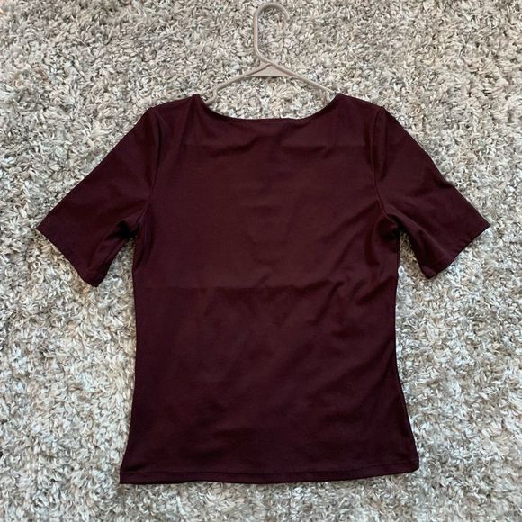 Woman’s Dark Maroon V neck Slim fitting revealing Cabernet wine colored blouse - Picture 3 of 5